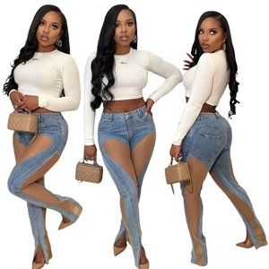 See-Through Mesh Slit Denim Pants